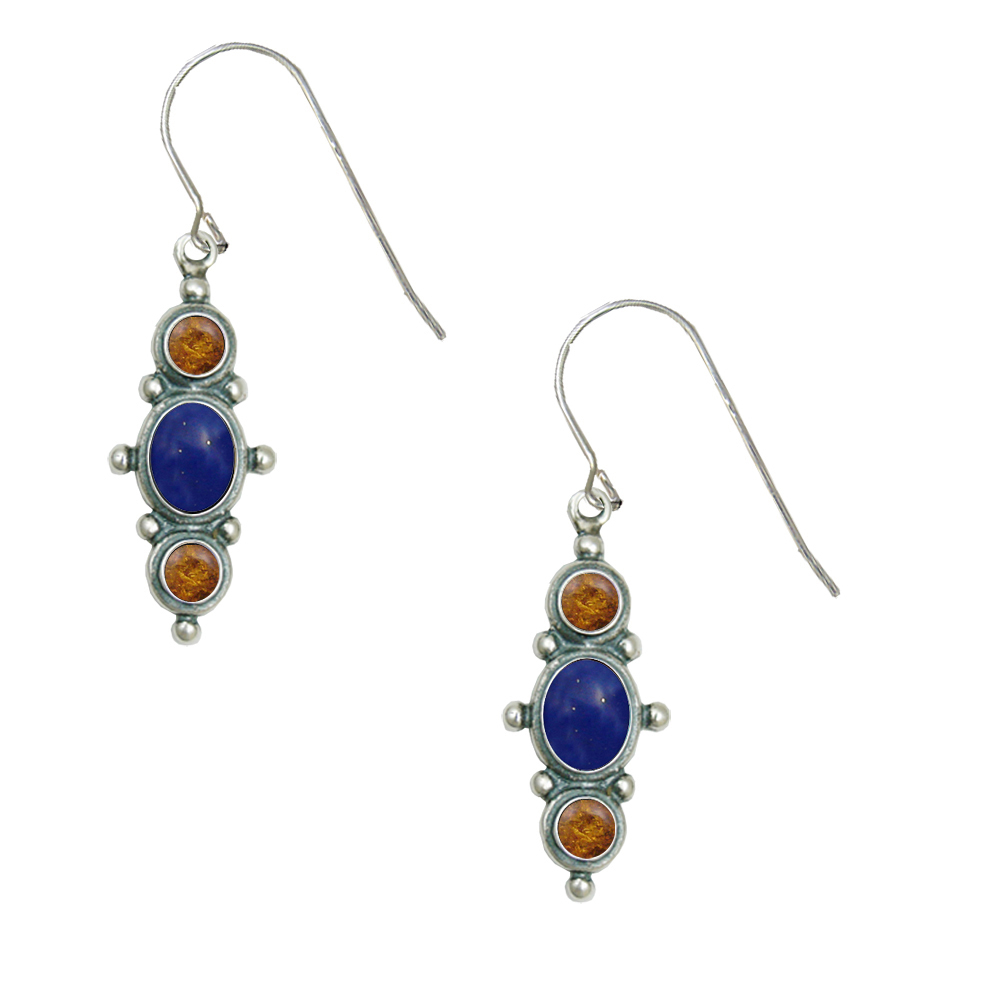 Sterling Silver Drop Dangle Earrings With Lapis Lazuli And Amber
